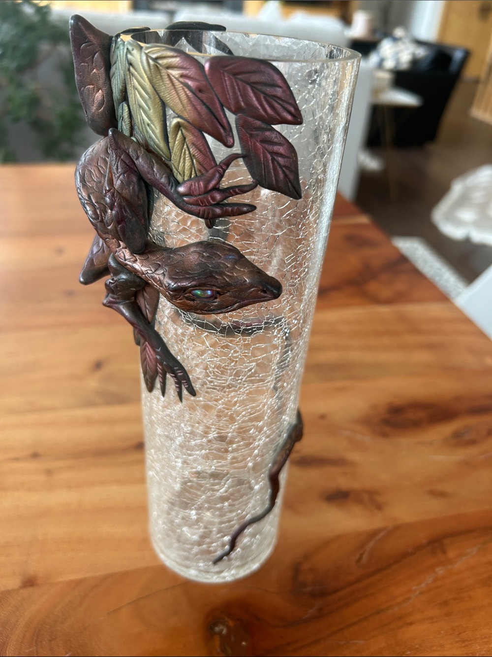 Crackled glass vase or candle holder with polymer clay lizard with metallic eyes